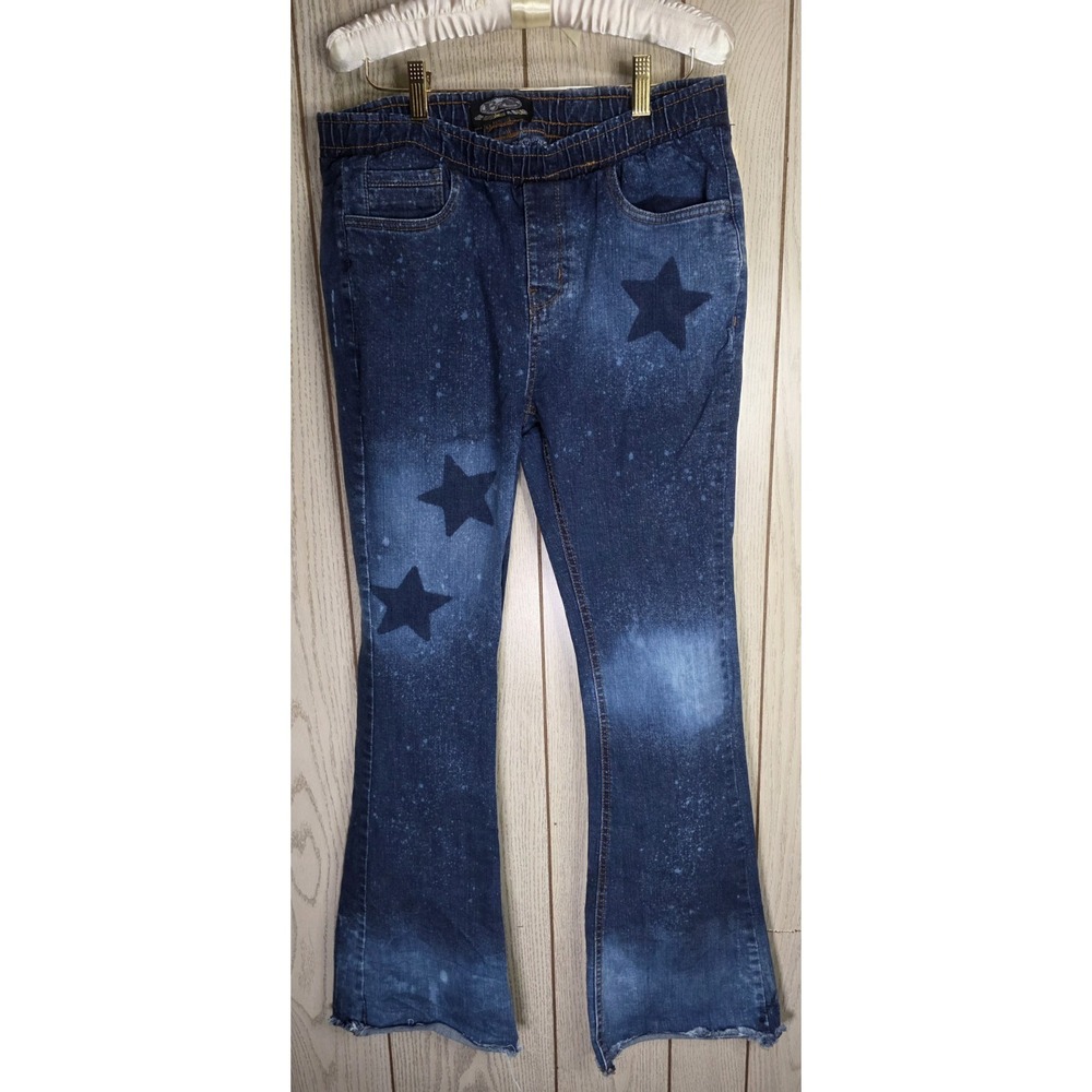 B&S Jeans Women L/XL Blue Star Print Acid Wash Elastic Waist Flare Leg Pants